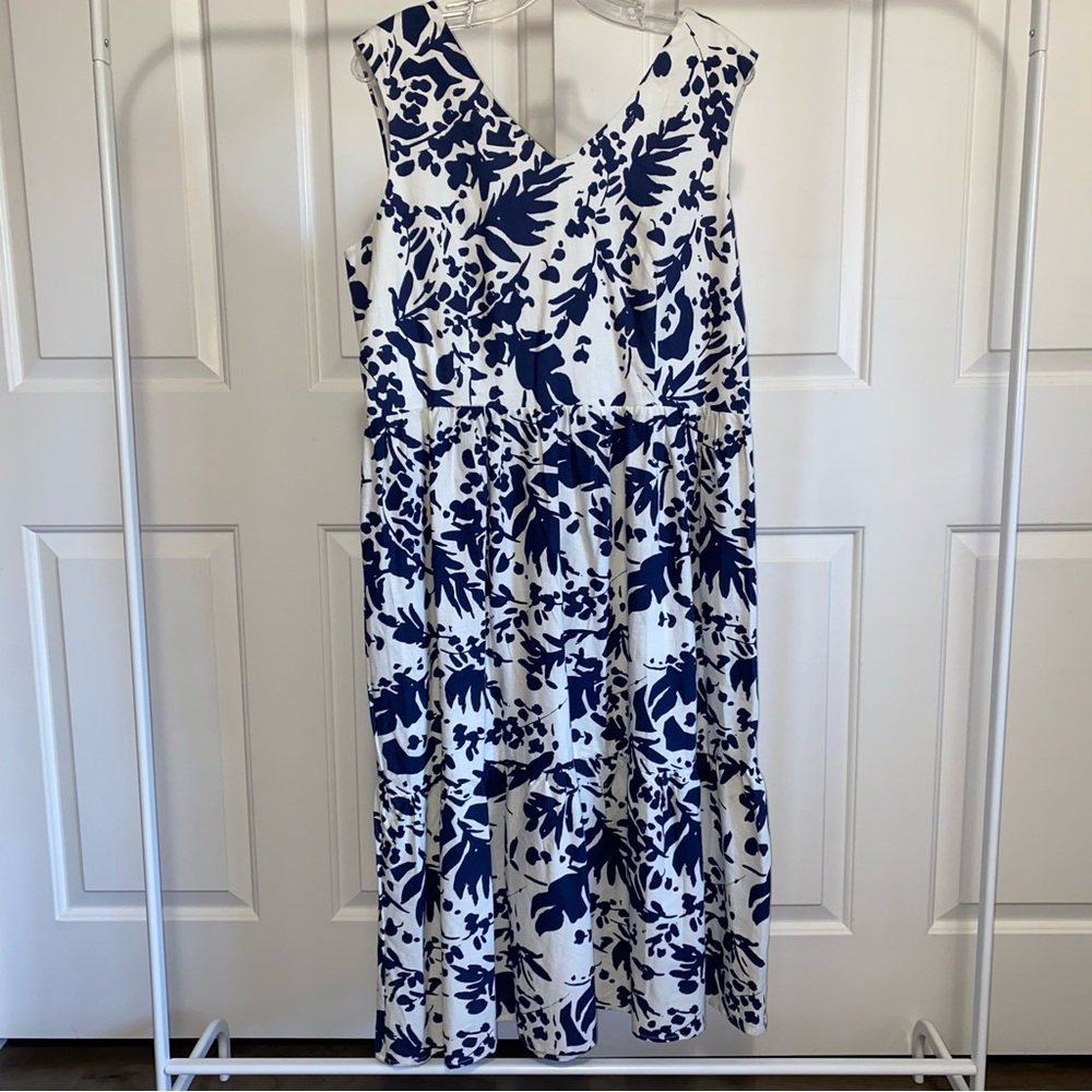 Magaschoni navy white print sleeveless tiered linen midi dress coastal 14